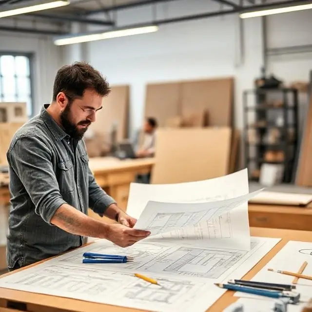 Two founders collaborating over blueprints in a modern workshop.