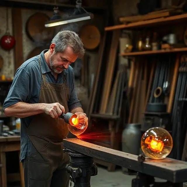 Artisan blowing glass in a workshop.