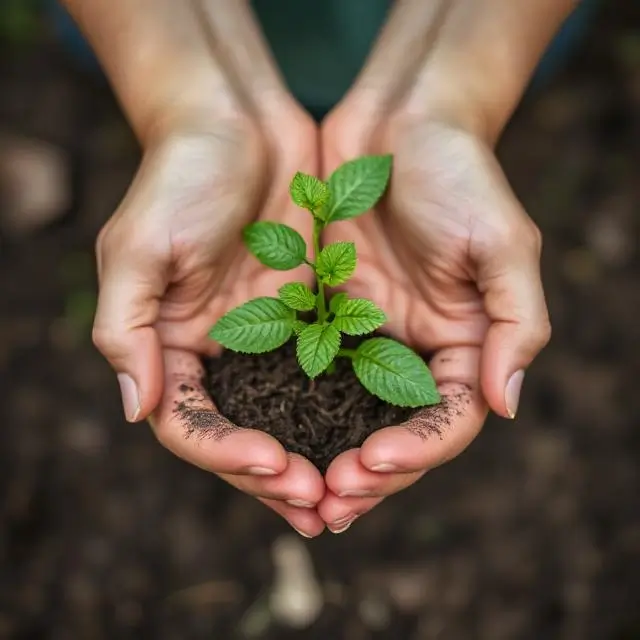 Hands holding a plant, symbolizing sustainability and eco-friendly practices.