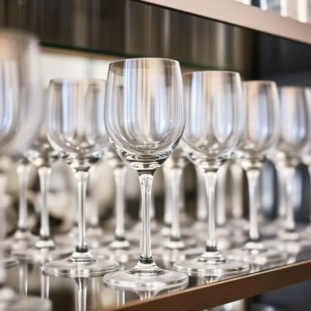 A collection of elegant, clean drinking glasses arranged on a shelf.